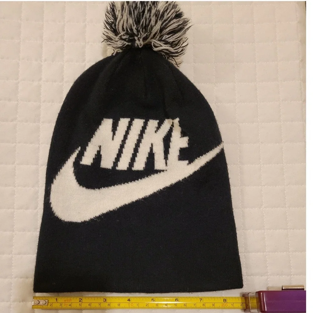 Nike Kids' Black White Pom Pom Foldover Beanie Cozy Hat Wintertime Snow Cold Fun